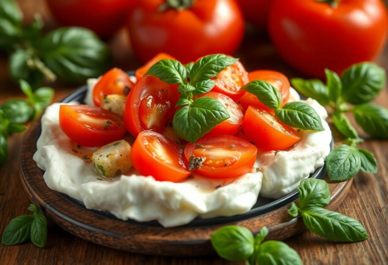 Salada Caprese: Tomate, Muçarela de Búfala e Manjericão Salada Caprese: Tomate, Muçarela de Búfala e Manjericão